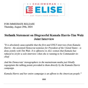 Elise Stefanik Instagram - My statement on the disgraceful Kamala Harris-Tim Walz joint interview.