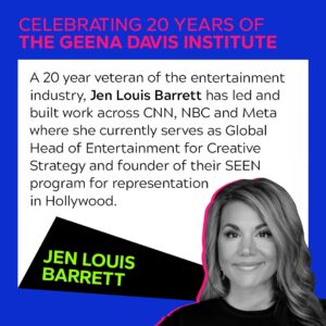 Geena Davis Instagram - We’re celebrating our 20th anniversary by shining a light on our Board of Directors, whose ongoing support has guided our progress for two decades. Jen Louis Barrett shares our passion for representation in entertainment and currently serves as @meta’s Global Head of Entertainment for Creative Strategy and founder of their SEEN program for representation in Hollywood. Thank you Jen for helping us shape the future of entertainment! 

#seeitbeit #GDI20