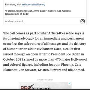 Haley Webb Instagram - Thank you @MahershalaAli @ilana @cynthiaenixon @markruffalo and the entire @artists4ceasefire Collective   Team for representing performers, artists, and guild members of conscience. Thank you for using your platforms to speak out. 

All of us, no matter where we fall in the entertainment industry, have the right and the moral imperative to do so, and to organize our colleagues and Union leaders to do the same. Our country has the power, but also the obligation to stop arming Israel under domestic and international law. 

To our fellow SAG-AFTRA and Sister Guild members: you are not alone. From A-listers to working actors and film workers, we are organizing for change, for justice, for Palestine. Read the @variety article and check out the long list of your colleagues speaking up at Artists4Ceasefire.org. 

And join us, @sagaftramembersforceasefire in demanding our @sagaftra Union leadership break their silence - sign our letter in our bio, and DM or email us to get involved in organizing. 

#stoparmingisrael
#notanotherbomb
#PermanentCeasefireNow
#StopWeaponsSaveLives
#freepalestine 
#Artists4Ceasefire

From @artists4ceasefire 

We stand with international humanitarian and human rights organizations, unions, policymakers, grassroots movements, a majority of Americans, and citizens around the world calling on our leaders to uphold U.S. and international law.*

It is illegal to supply or use weapons to commit “grave human rights violations,” including striking schools or hospitals, restricting humanitarian aid, and killing children.

In partnership with @oxfamamerica, @actionaidusa, @warchilduk and @childreninconflict, Artists4Ceasefire stands for an immediate and permanent ceasefire now, the release of all hostages, delivery of humanitarian aid, and freedom, justice, dignity and peace for all people.

The “Barb Wire Peace Dove,” by renowned artist Shepard Fairey, (@obeygiant) represents our common humanity, and the action needed to save precious
Stop Weapons. Save Lives. Compassion Must Prevail.

*Foreign Assistance Act, Arms Export Control Act, Geneva Conventions of 1949