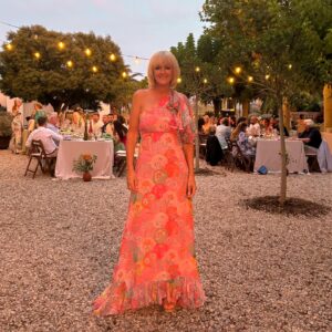 Jane Moore Instagram - Some of you have asked to see the dress I wore to my daughter’s wedding. Well, therein lies a story. As we’re encouraged to go ‘green’ these days, I decided to hire a dress from @theofficialselfridges rental. I found the one I liked back in June and booked it for delivery the day before I flew to Barcelona. 
The day before it was due to arrive, I received an email to say the order had been cancelled because the person who rented it before me had damaged it so badly that it had to be ‘retired.’ What were they doing in it… cage fighting? Anyway, luckily a nearby second hand designer clothing agency had this @saloniofficial dress for sale which happened to match the pedicure I had already had done for the frock that went missing in action. So all a bit last minute, but I got there in the end with a little help from an excellent cut from @nando.magusimoes and colour @ryanhauxwell from @richardwardhair and eyebrow technician Caroline @neikidbeauty who tamed my Dennis Healy hedgerows - all before I flew out.
It was a glorious weekend and now I look like an exhausted wreck! #motherofthebride
