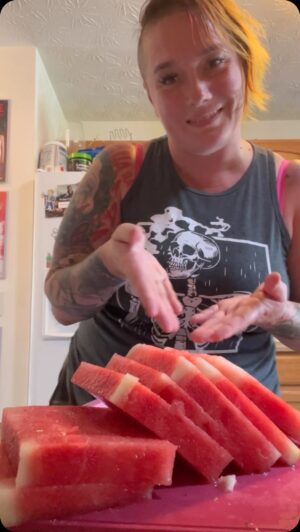 Jessica Cricks Instagram - I decided to try the viral watermelon caprese sammich.  And it was great! Try it for yourself. 

Watermelon. Slice into square and slice those slices to the size and width of bread. 

Add fresh mozzarella cheese. 

Balsamic glaze. 

Basil leaves. 👩‍🍳

Music: Kill Your Darling (with Charming Lips)
Musician: Summer Soul