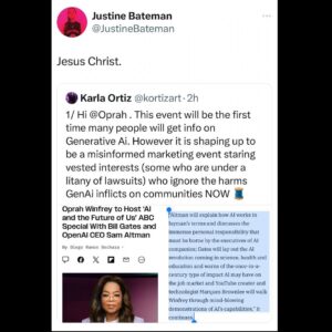 Justine Bateman Instagram - Whatever you do, don’t accept a “sacred cow” status for #AI. 
Don’t ever do it. 
They are trying to do it. 
Don’t let them. 
Keep calling it the absolute trash, theft, and bullshit that it is. 
Don’t ever stop. 

Like @toastycakes says, “They’ll create legal personhood for AI soon, and then we’re all cooked.”