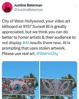 Justine Bateman Instagram - @wehocity, we know you want to respect and showcase artists. Please turn away from displaying #AI “promoting results” that are completely composed of stolen artwork.