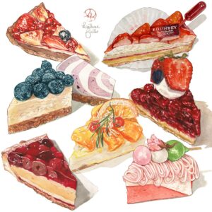 Kailene Falls Instagram - Cheesecake & Tart Collection
チーズケーキとタルト コレクション
🥧🍓🧀🫐🥧🍓🧀🫐🥧🍓🧀🫐🥧🍓🧀🫐

I find that Japanese cheesecakes and tarts are some of the most beautiful desserts you can find. I’ve painted so many in the past, but I decided to create a selection of the ones cut in triangle shapes. Amongst these paintings, I think the strawberry tart in the upper right is my favorite, but I have a special place in my heart for all of them. Which of these would you most like to try?

※ The terrible moving/wifi saga continues. After 6 weeks of waiting to get wifi installed in my new apartment, today was supposed to the final stage…. But when the construction worker arrived today, we discovered that the construction of the apartment next-door (currently being torn down and rebuilt) prevents them from installing wifi at the moment……. So I’m stuck without connection still. We have -perhaps- found a workaround, but it’s still unclear as to when I’ll be able to get wifi installed. So no livestreams for a while still yet 🥲

② Cherry Tart チェリータルト
③ Sakura Cheesecake 桜チーズケーキ
④ Mango Cheesecake マンゴーチーズケーキ
⑤ Blueberry Cheesecake ブルーベリーチーズケーキ
⑥ Berry Tart ベリータルト
⑦ Fig and Berry Tart いちじくとベリータルト
⑧ Strawberry Tart いちごタルト

日本のタルトとチーズケーキが本当に美して、とても素敵な絵になります。今までたくさん描いてきたけど、今回は三角形にカットされたものをまとめてコレクションにしました。このセットの中で、右上のいちごタルトの絵が一番好きかもしれませんが、本当は全てが特別に好きな絵です。この中でどれを一番食べてみたい？

※ 引越しが終わったけど、まだまだトラブルが続きます！引越し先はWifiがなくて、6週間かけてやっと今日、３回目の工事でwifiに繋がると思ったら・・・・まさか隣の建物の工事でWifi工事不可となりました。なので、まだまだ生配信ができなくて、ネットにとてもつながりにくいです。いつWifiができるかまだ分かりませんので、その時まで不定期的な投稿が続きます。お許しを！