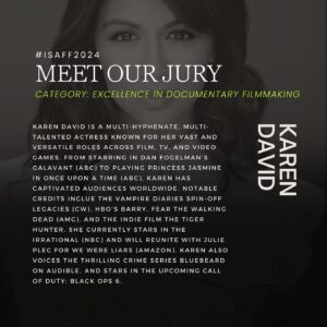 Karen David Instagram - 🎬 Meet Our Jury: Excellence in Short Filmmaking (North American) 

We’re excited to announce the jury for the “Excellence in Short Filmmaking (North American)” category at ISAFF 2024 (Sept 25-29):

- Bim Narine 
- Karen David 
- Rabia Sultana 

These judges will be reviewing the best North American short films in this year’s festival! 🎥✨ 

#ISAFF2024 #ShortFilmJury #BimNarine #KarenDavid #RabiaSultana #SurreyFilmFestival #SurreyEvents #SurreyBC #SupportIndieFilm #NorthAmericanCinema #CulturalConvergence #SouthAsianCinema