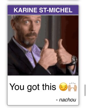 Karine St-Michel Instagram - Je ne pouvais pas passer sous le silence le talent de mes amies. HAHAHAHA 
Voici mon top 10 des cheers que j’ai reçu pendant le marathon. 😂 JE SUIS CRAMPÉE HAHAHAHA. 🤍
Merci @mtlmarathon et @beneva.ca pour cette belle initiative, c’est tellement le fun! 🤩