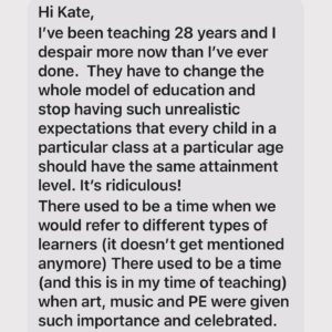 Kate Silverton Instagram - What an incredible response; from parents, grandparents  and teachers alike - all aligned in powerful advocacy of our children &  calling for more time spent in movement & play. Our children’s brains and bodies are designed by nature to move and to play .. in fact, it’s crucial for healthy mental AND physical development. 

In my books, I explain why play and movement SUPPORT learning and more regulated behaviour in the classroom. 

Policy makers are getting it wrong if they think forcing young children to sit still and ‘be quiet’  is the way to instil ‘discipline’ and indeed good future mental health

Many young children are unable to self-regulate this way - they need to move their bodies to remove residual and natural stress energy before they are able to sit still and learn. This is not my opinion: this is science: and any academic institution and anyone in the position of policy making does well to familiarise themselves with it. 

Science shows us that even short periods of movement can help to reduce stress energy in the body - and can therefore support calmer more regulated behaviour in the classroom. 

For older children this may be as simple as standing up to do what I call the ‘shake it out’ during long lessons, and for younger children, anything patterned repetitive and rhythmic ( a dance to music at the start of the day, throwing a ball back and forth, star jumps, drumming, singing, dancing ) all support emotional and physical regulation, rather than little bodies being forced to sit still ‘on the mat’ for periods that may be too long for their still-developing brains. 

Swipe ➡️ to see just some of the comments shared with me today 

I volunteer as a counsellor in schools - I know the issues are multi-faceted & can be complex. But we can only create change when we come together. There are many issues at stake and we can only start where we are - but we begin by bringing the joy back into the classroom & putting our children’s needs first & foremost - their future health & happiness depends on it.
