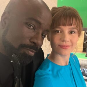 Katja Herbers Instagram - Evil. You gift of a show. Gift of a people. Can’t make a good “final” caption now but wanted to share these BTS bits today. Will post more this week. Blurry pic with @aasif is right after he and I filmed our final scene together 😢❤️ Last slide is @coltermikecolter appalled/amused (you decide) by my covering of “the Antichrist”with a pacifier, a bit we came up with on the day. See ya later. Thanks for being weird with us. 😈