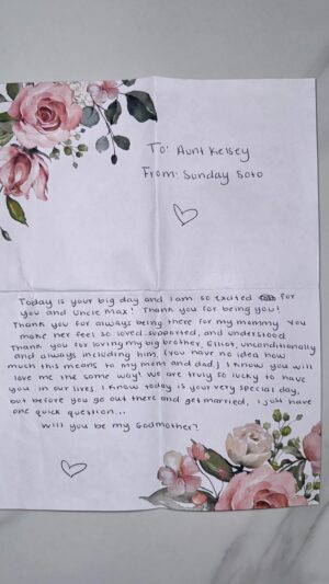 Kelsey Owens Instagram - On the morning of my wedding, I was surprised with the most beautiful gift—a scrapbook filled with photos and letters from all my loved ones. Just when I thought it couldn’t get any more special, the first one I opened was from little Miss Sunday, asking me a big question... and it went something like this... 🥹🥰