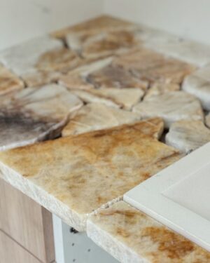Leanne Ford Instagram - A closer look at how we created the mosaic marble countertops over at our #ChurchLaneProject. 

On a whim, we ended up salvaging these beautiful marble scraps from the waste pile over at a local slab yard and ultimately reimagined them as this one-of-a-kind mosaic countertop. As they like to say, “One man’s trash is another man’s treasure!” 

Check out the post in my stories to see how we used these same marble scraps to create a bespoke shower pan!

// #LeanneFordInteriors with photography by @sarahbarlow and @erinashkelly and interior styling by @hilaryrobertson