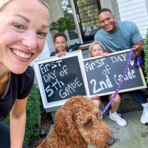 Lindsay Czarniak Instagram - Let's do this! Couldn't be prouder of these two but also wishing time would slow down just a little bit :) hoping everyone has a wonderful school year ahead and also some outtakes here trying to get the 5 of us (pup included) in one shot. #family #school #backtoschool #love #parents