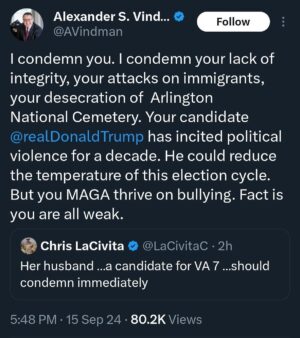 Marjorie Taylor Greene Instagram - Not only does Democrat candidate Eugene Vindman refuse to condemn his sister-in-law’s sick posts, he agrees with his brother, Alexander Vindman, Trump impeachment witness.

Basically the Ukrainian Vindman family is saying if Trump won’t shut up he deserves to be killed.

Not fit for Congress.