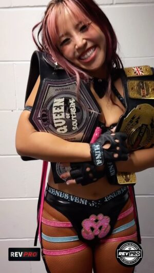 Mina Shirakawa Instagram - @mina_shirakawa is THE NEW @revprouk Undisputed British Women’s Champion!!!!! Where will the title go next?! 🤔 🇬🇧💗 🌎 
•
•
•
•
#RevPro12YA #WeWantMina #STARDOM #minashirakawa #Stardom #AEW #AEWAllInLondon #AndNew #Champion #UK