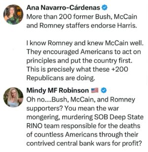 Mindy Robinson Instagram - The psychopaths behind 9/11 support Kamala Harris, wow....what a sales pitch! 

We're going to need a bigger gulag....