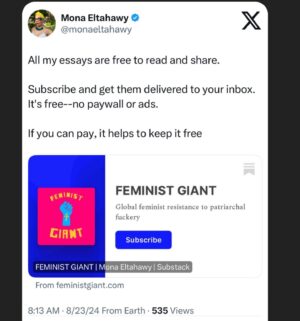 Mona Eltahawy Instagram - Genocide aided, armed, and abetted by the U.S will not be less worse if the U.S. gets its first Black woman president. 

Genocide is not any less worse if it continues under the watch of a vice president who is a positive role model for masculinity.

i wrote that essay before the DNC.

Israel’s genocide of Palestinians in Gaza will be no less worse under the watch of an historic Harris-Walz administration.

Feminism is not merely a woman in a position that has never been held by a woman before. 

Feminism is a woman in a position of power who uses that power to destroy, not uphold, patriarchy.

And what is genocide but patriarchy writ large; toxic masculinity drunk on its power and ability to dominate, to obliterate, to kill, maim, and terrorise women, children, and men.

https://www.feministgiant.com/p/essay-feminism-vs-genocide