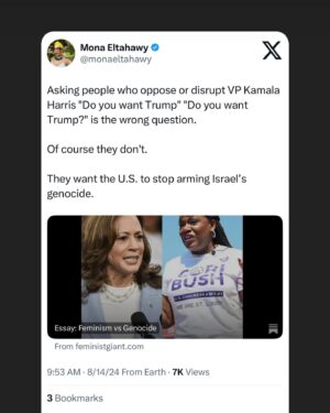 Mona Eltahawy Instagram - Asking people who oppose or disrupt VP Kamala Harris “Do you want Trump” “Do you want Trump?” is the wrong question.

Of course they don’t.

They want the U.S. to stop arming Israel’s genocide.

They want Harris to earn their vote by clearly stating what she would do should she become President to end that genocide. They want Harris to earn the vote of Palestinian-American, Arab American, and Muslim American voters that Dems need in swing states to defeat Trump.

They want Harris to earn the vote of every person of conscience who has demonstrated, joined encampments for Gaza on campuses across the U.S., and who has joined the Uncommitted Movement to protest the Biden-Harris administration

Asking protesters demanding the U.S. end its support for Israel’s genocide “Do you want Trump?” is the wrong question to ask.

The question is when will the U.S. stop arming, aiding, and abetting Israel’s barbarism?

Genocide interrupts and disrupts. 

And you can be sure that interruptions and disruptions will be there in force at the Democratic National Convention, which will be held in Chicago August 19 - 22.

Read my essay via link in bio
https://www.feministgiant.com/p/essay-feminism-vs-genocide