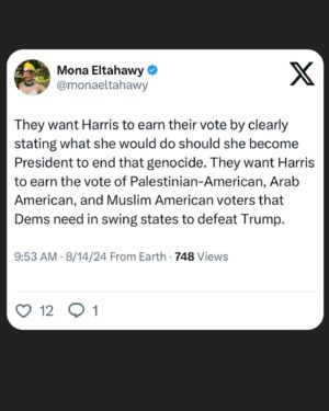 Mona Eltahawy Instagram - Asking people who oppose or disrupt VP Kamala Harris “Do you want Trump” “Do you want Trump?” is the wrong question.

Of course they don’t.

They want the U.S. to stop arming Israel’s genocide.

They want Harris to earn their vote by clearly stating what she would do should she become President to end that genocide. They want Harris to earn the vote of Palestinian-American, Arab American, and Muslim American voters that Dems need in swing states to defeat Trump.

They want Harris to earn the vote of every person of conscience who has demonstrated, joined encampments for Gaza on campuses across the U.S., and who has joined the Uncommitted Movement to protest the Biden-Harris administration

Asking protesters demanding the U.S. end its support for Israel’s genocide “Do you want Trump?” is the wrong question to ask.

The question is when will the U.S. stop arming, aiding, and abetting Israel’s barbarism?

Genocide interrupts and disrupts. 

And you can be sure that interruptions and disruptions will be there in force at the Democratic National Convention, which will be held in Chicago August 19 - 22.

Read my essay via link in bio
https://www.feministgiant.com/p/essay-feminism-vs-genocide