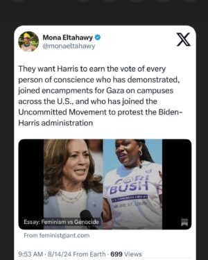 Mona Eltahawy Instagram - Asking people who oppose or disrupt VP Kamala Harris “Do you want Trump” “Do you want Trump?” is the wrong question.

Of course they don’t.

They want the U.S. to stop arming Israel’s genocide.

They want Harris to earn their vote by clearly stating what she would do should she become President to end that genocide. They want Harris to earn the vote of Palestinian-American, Arab American, and Muslim American voters that Dems need in swing states to defeat Trump.

They want Harris to earn the vote of every person of conscience who has demonstrated, joined encampments for Gaza on campuses across the U.S., and who has joined the Uncommitted Movement to protest the Biden-Harris administration

Asking protesters demanding the U.S. end its support for Israel’s genocide “Do you want Trump?” is the wrong question to ask.

The question is when will the U.S. stop arming, aiding, and abetting Israel’s barbarism?

Genocide interrupts and disrupts. 

And you can be sure that interruptions and disruptions will be there in force at the Democratic National Convention, which will be held in Chicago August 19 - 22.

Read my essay via link in bio
https://www.feministgiant.com/p/essay-feminism-vs-genocide