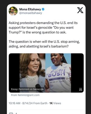 Mona Eltahawy Instagram - Asking people who oppose or disrupt VP Kamala Harris “Do you want Trump” “Do you want Trump?” is the wrong question.

Of course they don’t.

They want the U.S. to stop arming Israel’s genocide.

They want Harris to earn their vote by clearly stating what she would do should she become President to end that genocide. They want Harris to earn the vote of Palestinian-American, Arab American, and Muslim American voters that Dems need in swing states to defeat Trump.

They want Harris to earn the vote of every person of conscience who has demonstrated, joined encampments for Gaza on campuses across the U.S., and who has joined the Uncommitted Movement to protest the Biden-Harris administration

Asking protesters demanding the U.S. end its support for Israel’s genocide “Do you want Trump?” is the wrong question to ask.

The question is when will the U.S. stop arming, aiding, and abetting Israel’s barbarism?

Genocide interrupts and disrupts. 

And you can be sure that interruptions and disruptions will be there in force at the Democratic National Convention, which will be held in Chicago August 19 - 22.

Read my essay via link in bio
https://www.feministgiant.com/p/essay-feminism-vs-genocide