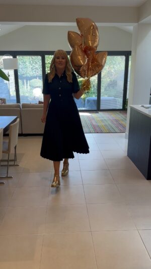 Nicki Chapman Instagram - Chappers Catwalk - complete with balloons 🎈with matching shoes ⭐️⭐️

Love a little black dress (who doesn’t) but rarely wear it on screen - yesterday was the exception! Wanted something stylish yet full on comff (is that a word?) so this dress, with pleated skirt and belt, fitted the brief perfectly. No pockets but I didn’t mind on this number. Swishes perfectly too

Shoes a girls dream (or anyone that loves a glam stacked heel). Could wear these for hours. 

TV appearance ready thanks to Alice on glam! 

Do we likey? 🖤🎈⭐️

Dress @lkbennettlondon (kindly loaned))
Shoes @esskashoes (kindly gifted & then bought a pair as love so much) 
Glam @wonderlandhairandmakeup 

Balloons - thanks Kristina Kyriacou (DrK)