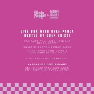 Paola Velez Instagram - Craving something sweet? 

Come through on October 18th for an evening of bakes, brews & bites! 

We are excited to be hosting Chef Paola Velez as she embarks on her national The ¡HOLA PAOLA! Book Tour as she publishes her debut book, Bodega Bakes.

#bodegabakes #seattleeats #seattlefoodie #seattledining #seattlebakers #pastry #bodega
Tickets available on our website! (Click the link in our bio)

Chef Kristi will be hosting a book talk/ Q&A, you’ll be sampling sweets from Bodega Bakes, dinner will be available for purchase along with brews from @metierbrewing 

About Chef @smallorchids

CHEF/ OWNER OF DŌEKÏ DŌEKÏ , FOOD MEDIA PERSONALITY / FOUNDER SMALL ORCHIDS INC, BAKERS AGAINST RACISM / COOKBOOK AUTHOR 

An Award Winning Afro-Dominican Chef and Author, born in the Bronx and currently based in Washington, DC.
I use history and tasty treats to bake the world a better place.