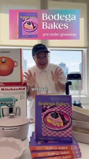 Paola Velez Instagram - BODEGA BAKES PREORDER GIVEAWAY!

🍇Enter for a chance to win!!! 🍇

To celebrate the publication of my cookbook, Bodega Bakes, on sale 10/1, I’m hosting FIVE amazing preorder giveaways starting on Tuesday, September 3!

Here’s the prize lineup:
🍇 9/3: (1) Le Creuset 5.5 qt pot and (1) 4-piece Heritage Bakeware Essentials set (color: shallot),
🍇 9/10: (1) Le Creuset 5.5 qt pot and (1) 4-piece Heritage Bakeware Essentials set (color: shallot
🍇 9/17: (1) Le Creuset 5.5 qt pot and (1) 4-piece Heritage Bakeware Essentials set (color: shallot)
🍇 9/24: (1) Kitchen Aid 5 qt stand mixer (color: aqua sky)
🍇 10/1: (1) Vitamix, 5200 Blender 64oz (color: white)

Bodega Bakes Preorder Giveaway Instructions:

1. Pre-order a copy of BODEGA BAKES from your favorite retailer
2. Upload proof of purchase
3. That’s it! Haha. Easy as tamarind pecan pie
 
Everyone who enters will receive 4 bonus recipes. Instantly!!!
(That’s 4 exclusive desserts not included in the cookbook just for preordering!) 
 
If you don’t win one week, you will automatically be re-entered for a chance to win the following week. 

Winners will be announced on Tuesdays starting on 9/3.
Only one winner will be announced per prize, per week.

Rules: Order from any retailer • Proof of purchase can be a receipt, email confirmation, or receipt screenshot • One entry per unique receipt • Submissions end September 30, 2024 at 11:59PM EDT • Read full rules, terms, and conditions on website.

Please Note:
* 18  and US residents only
* This giveaway is not connected or affiliated with Instagram
* Total individual prize value up to $594.99

#bakingfromscratch #pastrychef #giveaway #cookbooks #bookstagram #bakersofinstagram