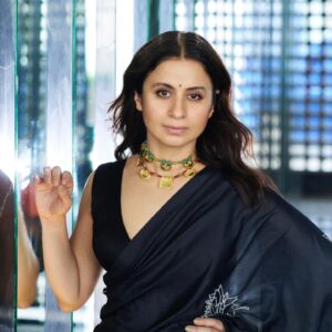 Rasika Dugal Instagram - 🖤♠️ 
#MirzapurS3Promotions #MirzapurS3

Saree: @injiri 
Jewellery: @shopziddi 
MUA: @mayura_makeup_hair 
Hairstyling: @vithikajaiswal 
Styling: @who_wore_what_when 
📸: @chandrahas_prabhu
📍: @fsmumbai 

This beautiful sari from #Injiri is a fascinating example of craftsmanship that beautifully combines two of my favourite Indian textile traditions: Chikankari from Lucknow and Bandhani from Gujarat. Chikankari is an intricate form of hand embroidery celebrated for the craftsmanship involved, often passed down through generations of artisans. Bandhani is a tie-dye technique which requires a high level of expertise to achieve uniformity in the patterns. To skill, precision and all things detailed! ❤️