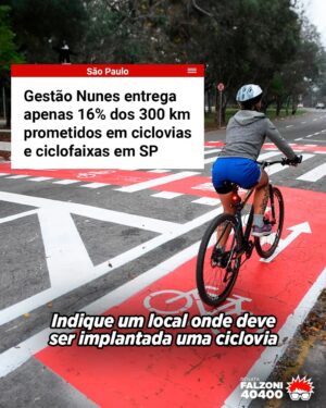 Renata Falzoni Instagram - Faz tempo que acompanhamos retrocessos na política cicloviária de São Paulo. Além de quase nenhuma nova estrutura ter sido implantada como prometido, ciclovias e ciclofaixas foram apagadas e muitas estão implorando por manutenção e conexões.

Uma das nossas principais propostas é pressionar e garantir recursos para a implantação de 400 km de novas vias exclusivas nos próximos quatro anos. 

Vamos lutar por investimentos e pelo compromisso da Prefeitura Municipal para a construção de novas estruturas e manutenção das existentes.

Conte pra gente: qual lugar da cidade você acha que precisa de uma ciclovia ou ciclofaixa?

Mais que uma campanha,
somos um Movimento

#falzoni40400
#falzonivereadora
#movimentofalzoni
#nagarupadafalzoni