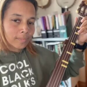 Rhiannon Giddens Instagram - Been working on a big project about early banjo music that has got me excited - been going through a lot of pieces from 1855 and thinking about the cultural soup this music came from - African/Irish/German/English/Indigenous etc etc etc - but particularly interested in where traces of the African diaspora have survived in European notation. This tune I’ve been living with a long time, and the fifth string increasingly becomes the key to where the real rhythm is.  Hard Times from Briggs’ Banjo Instructor (1855), as tabbed by Joseph Wiedlich.  p.s. the stickers on the finger board are there to help me tighten up my intonation.  Never stop working on your technique, folks!

Sweatshirt from the Ft. Worth Worth African American Roots Music Festival (https://www.fwaamfest.com/)