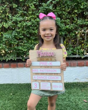 Sabrina Bryan Instagram - Our Lil Boo Thang started Pre-K! She is so pumped for all the new adventures, friends, and learning this year! Have the best time babygirl! We love you so much!! 🩷💛 #comilliamonroe #backtoschool #prek #momlife #wantstobeadancecoach #myheart
