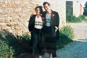 Sarah Parish Instagram - This time 37 years ago the infamous ‘Double Trouble’ hung up their red noses for the last time. I moved to London and Andy went off to Uni in Exeter. The children of Yeovil wept that day….possibly with relief.
#doubletrouble #andysimpson #Yeovil #hullabaloo #summerof87baby #unibrow