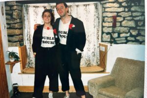 Sarah Parish Instagram - This time 37 years ago the infamous ‘Double Trouble’ hung up their red noses for the last time. I moved to London and Andy went off to Uni in Exeter. The children of Yeovil wept that day….possibly with relief.
#doubletrouble #andysimpson #Yeovil #hullabaloo #summerof87baby #unibrow