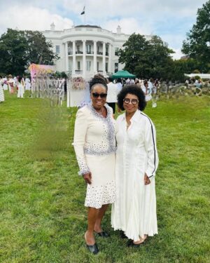 Star Jones Instagram - Spent the day at the #whitehouse with 🩷💚 Sorors and friends.  Headed home and found myself crying with #joy on the plane.  We stand on the precipice of  history.  But please don’t  take your foot off the gas! #Vote #winwithblackwomen #kamalaharris #ForThePeople #voteblue