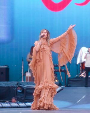 Suki Waterhouse Instagram - Eras tour outfit!!! @chemena @chloe made me the dress of my dreams 💕 styled by @robzangardi @cassymeier_stylist jewellery by @tiffanyandco hair and makeup by @linneanordberg @therileykate 🍓