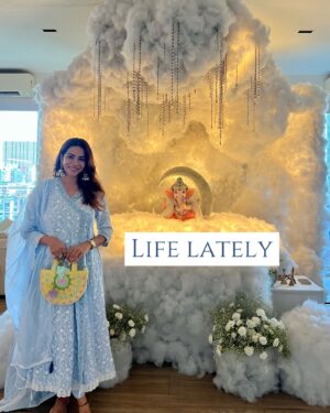 Tanvi Thakkar Instagram - Life lately has been about more family than work. I love these breaks cus they get me closer to peace, calm, food (without taking note of calories ) family and togetherness. 
After all these are the things we work for🤍

Sharing some precious moments with u guys 🤍

Btw in pic 1 the ganpati was a DIY by the gifted @surveenchawla .👏🏻

Pic 1 - wearing @heeposh_official 
Bag @maishabyesha