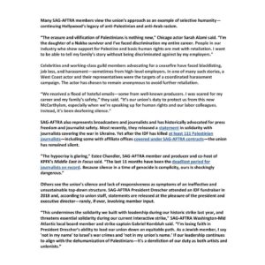 Haley Webb Instagram - Today, @hollywoodreporter published the voices of our fellow rank-and-file entertainment guild workers, asking @officialfrandrescher and @sagaftra leadership to end their silence, protect their membership, defend a free press, and stay true to their professed values. It is past time for SAG-AFTRA, and all entertainment unions, to listen. 

•Read our full press release here (and at link in bio): 
http://bit.ly/sagceasepressrelease
•The Hollywood Reporter article here: 
https://bit.ly/THRarticle
•And sign and share our letter here (or link in bio):
http://Bit.ly/guilds4ceasefire

Thank you to the high profile performers - and especially the working entertainment union members from all corners of the industry - for signing our letter to demand our union leadership act, despite the risk involved in speaking up for Palestine in our industry.

To our union siblings - remember, with or without leadership, YOU as members have the power to change our guilds for the better. You can organize, build people power, and help move the needle towards justice. Never forget that YOU are the union. An injury to one is an injury to all. 

See you out there. ❤️‍🔥