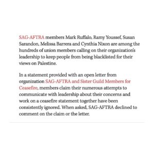 Haley Webb Instagram - Today, @hollywoodreporter published the voices of our fellow rank-and-file entertainment guild workers, asking @officialfrandrescher and @sagaftra leadership to end their silence, protect their membership, defend a free press, and stay true to their professed values. It is past time for SAG-AFTRA, and all entertainment unions, to listen. 

•Read our full press release here (and at link in bio): 
http://bit.ly/sagceasepressrelease
•The Hollywood Reporter article here: 
https://bit.ly/THRarticle
•And sign and share our letter here (or link in bio):
http://Bit.ly/guilds4ceasefire

Thank you to the high profile performers - and especially the working entertainment union members from all corners of the industry - for signing our letter to demand our union leadership act, despite the risk involved in speaking up for Palestine in our industry.

To our union siblings - remember, with or without leadership, YOU as members have the power to change our guilds for the better. You can organize, build people power, and help move the needle towards justice. Never forget that YOU are the union. An injury to one is an injury to all. 

See you out there. ❤️‍🔥