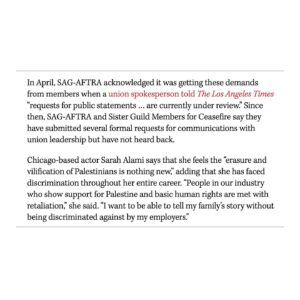 Haley Webb Instagram - Today, @hollywoodreporter published the voices of our fellow rank-and-file entertainment guild workers, asking @officialfrandrescher and @sagaftra leadership to end their silence, protect their membership, defend a free press, and stay true to their professed values. It is past time for SAG-AFTRA, and all entertainment unions, to listen. 

•Read our full press release here (and at link in bio): 
http://bit.ly/sagceasepressrelease
•The Hollywood Reporter article here: 
https://bit.ly/THRarticle
•And sign and share our letter here (or link in bio):
http://Bit.ly/guilds4ceasefire

Thank you to the high profile performers - and especially the working entertainment union members from all corners of the industry - for signing our letter to demand our union leadership act, despite the risk involved in speaking up for Palestine in our industry.

To our union siblings - remember, with or without leadership, YOU as members have the power to change our guilds for the better. You can organize, build people power, and help move the needle towards justice. Never forget that YOU are the union. An injury to one is an injury to all. 

See you out there. ❤️‍🔥