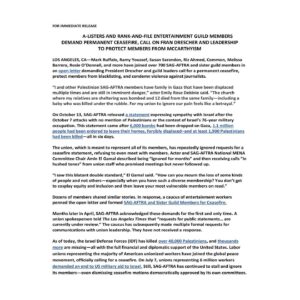 Haley Webb Instagram - Today, @hollywoodreporter published the voices of our fellow rank-and-file entertainment guild workers, asking @officialfrandrescher and @sagaftra leadership to end their silence, protect their membership, defend a free press, and stay true to their professed values. It is past time for SAG-AFTRA, and all entertainment unions, to listen. 

•Read our full press release here (and at link in bio): 
http://bit.ly/sagceasepressrelease
•The Hollywood Reporter article here: 
https://bit.ly/THRarticle
•And sign and share our letter here (or link in bio):
http://Bit.ly/guilds4ceasefire

Thank you to the high profile performers - and especially the working entertainment union members from all corners of the industry - for signing our letter to demand our union leadership act, despite the risk involved in speaking up for Palestine in our industry.

To our union siblings - remember, with or without leadership, YOU as members have the power to change our guilds for the better. You can organize, build people power, and help move the needle towards justice. Never forget that YOU are the union. An injury to one is an injury to all. 

See you out there. ❤️‍🔥