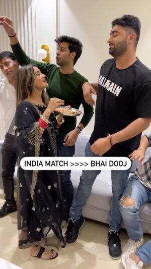 Insha Ghai Instagram - When match is important than bhaidooj!! 
Wearing @noorkiranicollection 
.
.
.
#bornoninstagram #feelitreelit #funnyreel #funnycontent #bhaidooj #funnysiblings #siblings #funnyvideos #brothers #bhai  #meme #indiamatch #india #cricket