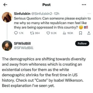 Isabel Wilkerson Instagram - It is being asked over and over again in this final week before election day: Why is this election so close? (And now with the election over, how did this happen?)
The answer: 
When you look at this as only an election, then it doesn’t make sense. But when you look at this as an existential crisis over what our country will be, then it starts to make sense. 
Looking at it through the lens of caste, it makes perfect sense. People are not voting against their own interests. They are voting for the interests that matter most to them.
For many people, as we saw on Jan 6, that means maintaining their position at the top of the American caste system, with all the rights and entitlements that come along with it. 
Tensions are on the rise as our country faces an existential crisis unlike any we have seen before, due to the projections that, by 2042, the historic white majority would no longer be in the majority.  As it is, in 2020, the census found that, for the first time in American history, the white population was the only group whose numbers fell while others remained steady or grew. 
This is an existential crisis for everyone because we have never experienced this configuration as a nation. That is why we’re seeing a fixation on immigration in this country — as to which kind of immigrants are welcomed versus which would be deported, and a fixation on curtailing abortion and ensuring more births.
The task before us is to imagine what kind of nation we want to be and what we are willing to do to achieve it.
It was an honor to discuss this with MSNBC’s Lawrence O’Donnell and to hear him say of the caste perspective on this fraught election: “I feel that I finally have an explanation that I get. I just haven’t had one before tonight.”
These were the reasons I wrote Caste: The Origins of Our Discontents. For fuller insights, I invite you to consider chapters 25 and 26, along with the Afterword, of Caste, in which I forewarned of what we are seeing. 
The interview is available to hear on the YouTube Channel for MSNBC’s The Last Word with Lawrence O’Donnell, starting at minute 20:46.