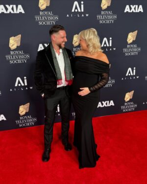 Katie Thistleton Instagram - Had a lovely evening hosting the @royaltelevisionsocietynw awards with my little bro @rocketrhys and bump! Congrats to all the nominees and winners, even got to give an award to my husband and his team yay ☺️ 🏆 
Dress: @clubllondon 
Hair and makeup: my baby @kimbillyl
