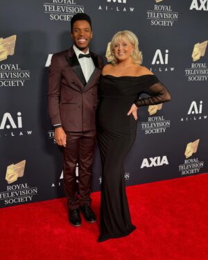 Katie Thistleton Instagram - Had a lovely evening hosting the @royaltelevisionsocietynw awards with my little bro @rocketrhys and bump! Congrats to all the nominees and winners, even got to give an award to my husband and his team yay ☺️ 🏆 
Dress: @clubllondon 
Hair and makeup: my baby @kimbillyl