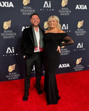 Katie Thistleton Instagram - Had a lovely evening hosting the @royaltelevisionsocietynw awards with my little bro @rocketrhys and bump! Congrats to all the nominees and winners, even got to give an award to my husband and his team yay ☺️ 🏆 
Dress: @clubllondon 
Hair and makeup: my baby @kimbillyl