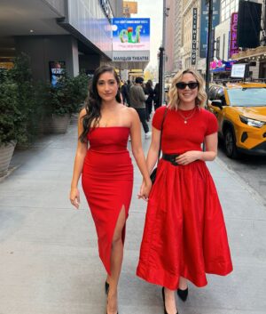 Krystina Alabado Instagram - RED-y for Opening Night of @elfonbroadway with my two loves and my tan tines 🎄👙 #broadway #nyc