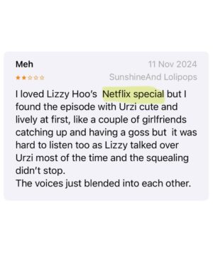 Lizzy Hoo Instagram - Annual reminder: I do not have a Netflix special … I’m not Ali Wong 😂 

But thank you to the people listening to my podcast thinking im Ali Wong even after 45 mins of my Australian accent. 

But hey a download is a download so thanks for listening 🙏 

Come and see Aldi Wong touring Perth, Adelaide, Melbourne, Canberra, Gold Coast and Brisbane :)