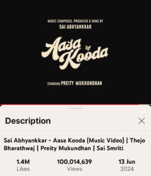 Sai Abhyankkar Instagram - Aasa Kooda 
Another 100 million !!!! after katchi sera ❤️ 

Im out of words to express this feeling dear makkale 🥹 
 
Thank you so much 
@thisismageshrajendran @santhoshmusic 
@thinkmusicofficial

@thejobharathwaj @smriti_ekaa @sathyan_ilanko @preity_mukhundhan @shruthimanjari @vijaykartikkannan @tdc.thedancersclub @rupendar_venkatesh @robinsebastianmusic @kebajer