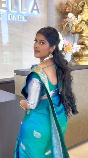 Swarnaa Rajalingam Instagram - tried something a little different when getting for a wedding of two of my friends over the weekend! Currently frothing over this saree from @thirumanam.melbourne let me know if you guys want a saree draping video of it might film it with @glambyashkumaaar 😍 because I made a tiny mistake with this drape but issokaay.

Jewellery: earrings from @jodi.box and necklace from @quillsspills 
Hair: @makeup_by_thaya 

Makeup details: 
Eyebrows @anastasiabeverlyhills 
Eyeliner: @inglot_australia 
Colour corrector: @meccamax 
Foundation: @charlottetilbury and @hauslabs 
Concealer: @toofaced born this way warm sand 
Contour: @fentybeauty 
Powder: @hudabeauty and @lauramercier 
Blush: @fentybeauty and @benefitaustralia 
Lip liner: @maccosmeticsanz chestnut 
Lipstick: @charlottetilbury pillow talk medium blur 
Lipgloss: @charlottetilbury 

[GRWM, Stop motion, South Asian makeup, wedding guest makeup, tamil wedding, blue saree]