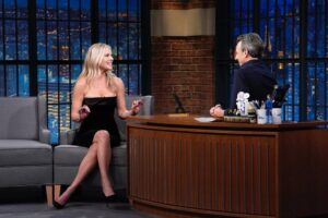 Ali Larter Instagram - So great to see my dear friend, Seth! Catch me on @latenightseth tonight at 12:35 am EST/11:35 pm C. 🤍