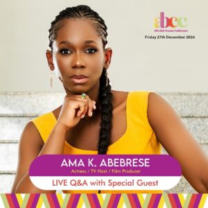 Ama K. Abebrese Instagram - We are so excited to announce Ghana and UK’s finest original creator who has made exceptional pivots in both London and Accra and beyond over the years, @ama_k_abebrese .
Actress, Presenter, TV Host and Film Producer, Ama demonstrates seamlessly on how to master her creativity in both markets and you can ask her LIVE, how she has made such success over the years. 
Join us for a live Q&A as two legends Ama and Israel Laryea sit down live for this very inspirational discussion.

This Friday 27th December live in Accra we are excited to host The Afro Brit Creator Conference, our first event @villamonticello. We have a strong line up of Keynote Speakers and Presentations from our partners.
The theme of the event is ‘Powering the Pivot’

Hosted by @theisraellaryea a broadcasting legend and Head at @influenceraf_ , join us for a creative conversation, business of social media and networking.

REGISTER NOW- LINK IN BIO

Partners
@villamonticello 
@britishcouncilgh 
@socialiteaf 
@diasporaaffairs.ghana 
@influenceraf_